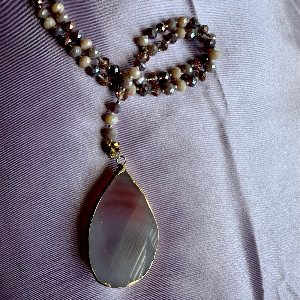 BOHEMIAN LONG BEADED NECKLACE WITH TEARDROP CRYSTAL PENDANT